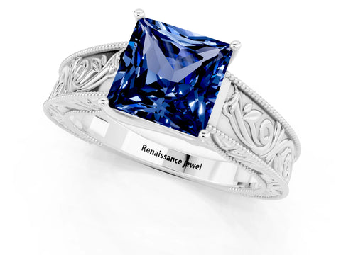 White gold Princess Cut Blue Sapphire Solitaire Ring with Engraved Band and Four-Prong Setting_1