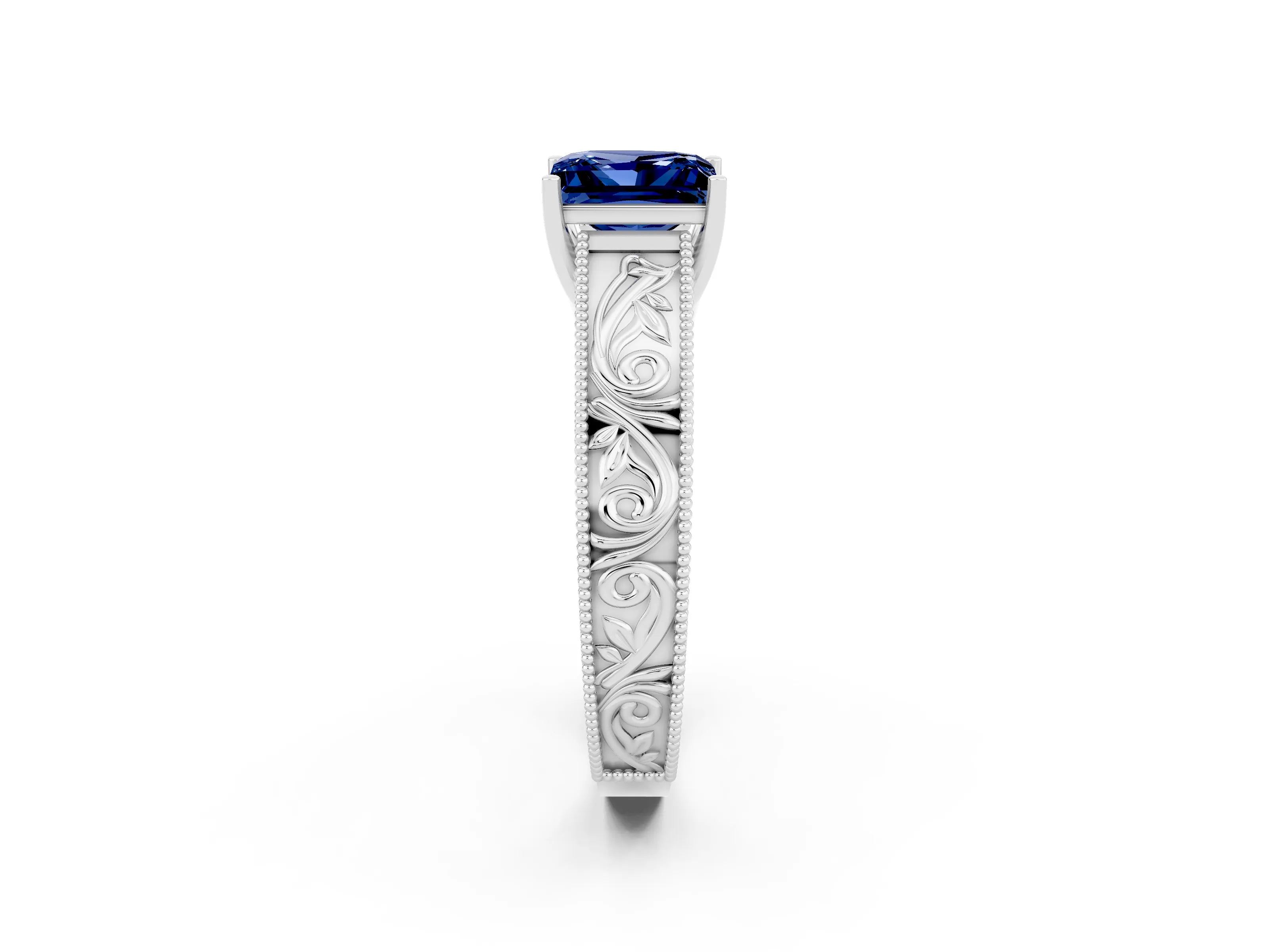 White gold Princess Cut Blue Sapphire Solitaire Ring with Engraved Band and Four-Prong Setting_2