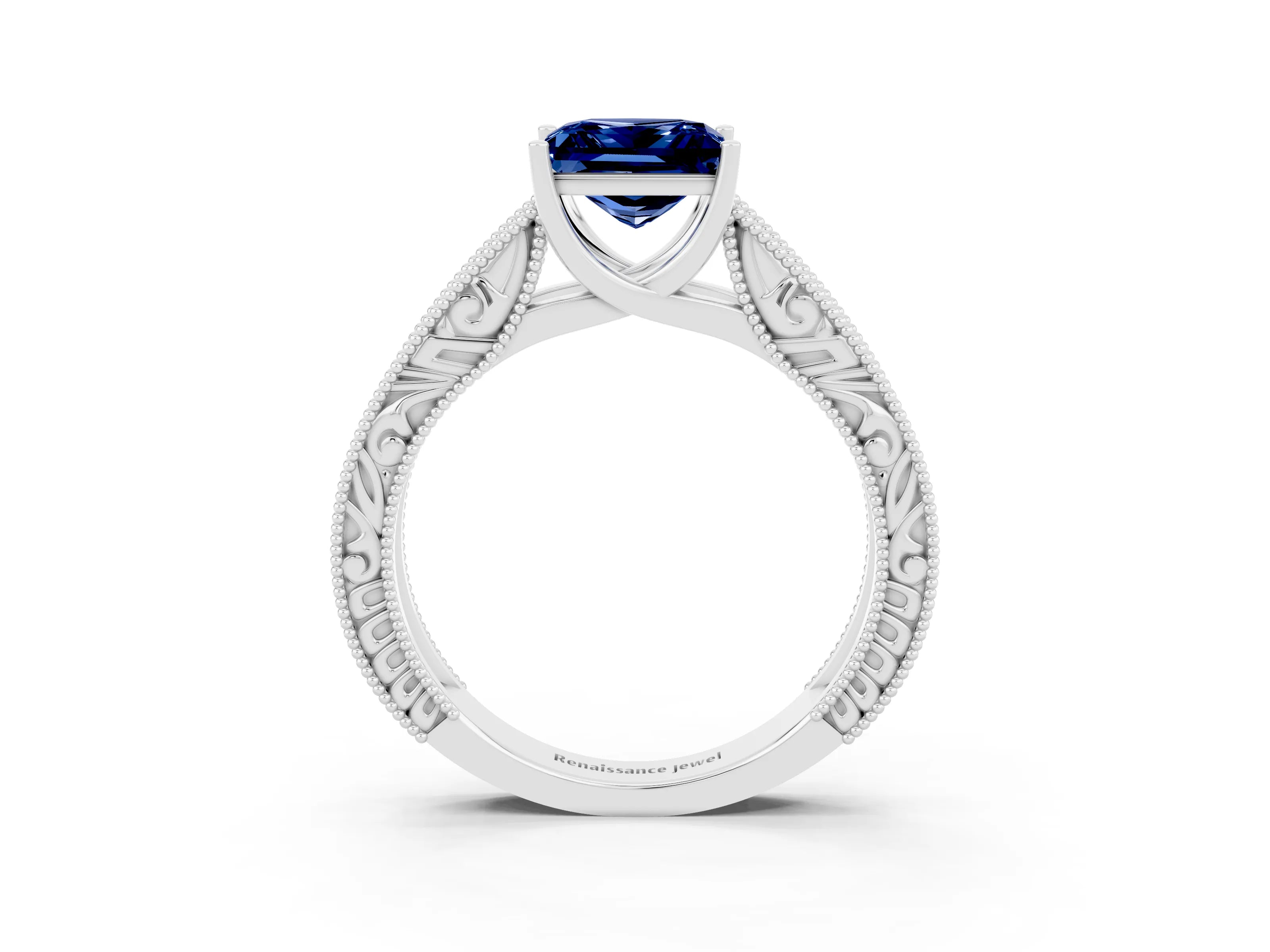 White gold Princess Cut Blue Sapphire Solitaire Ring with Engraved Band and Four-Prong Setting_3