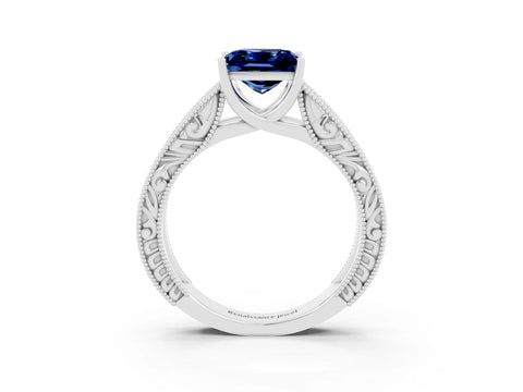 White gold Princess Cut Blue Sapphire Solitaire Ring with Engraved Band and Four-Prong Setting_3