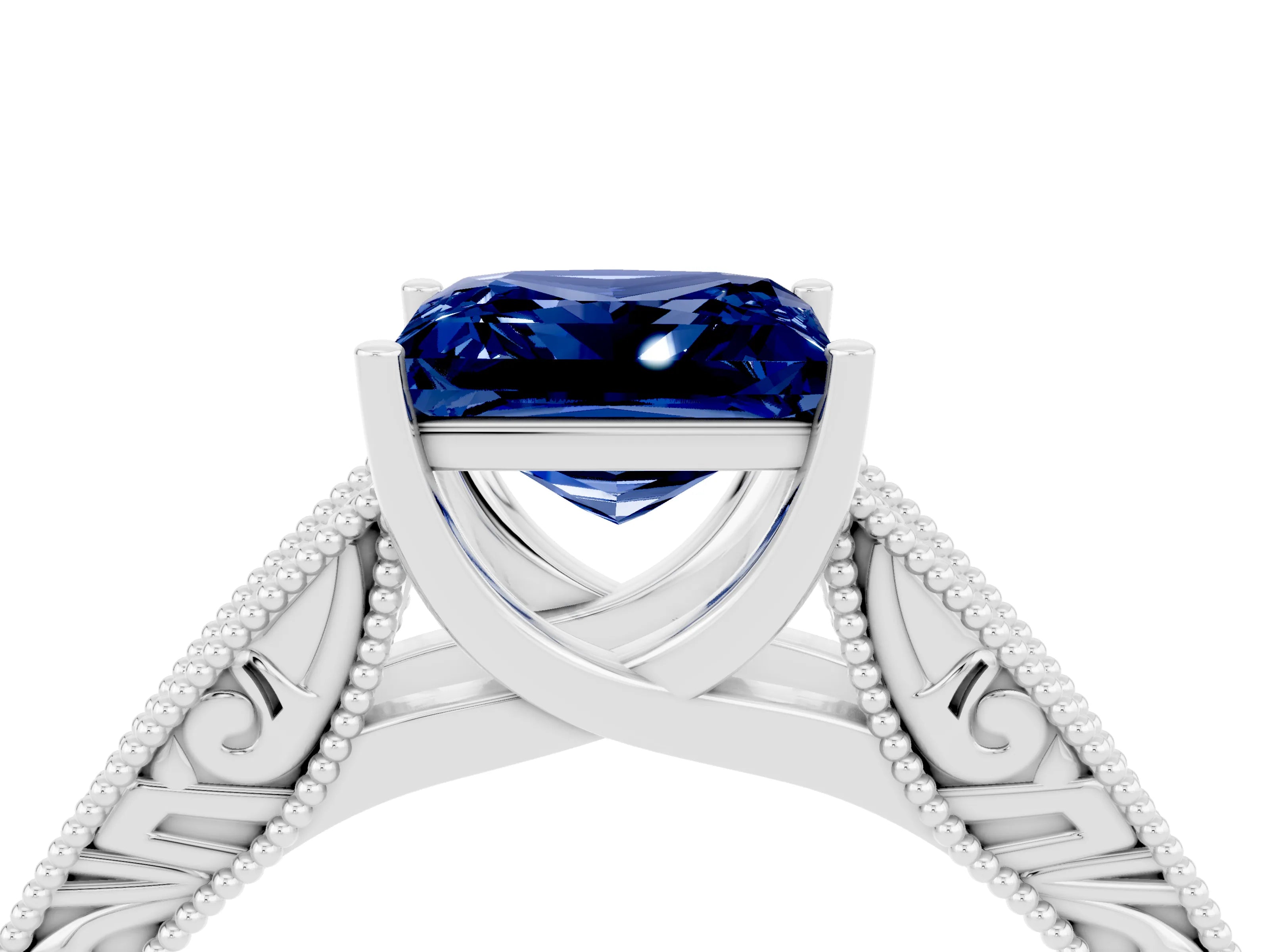 White gold Princess Cut Blue Sapphire Solitaire Ring with Engraved Band and Four-Prong Setting_4