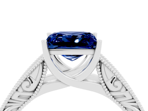 White gold Princess Cut Blue Sapphire Solitaire Ring with Engraved Band and Four-Prong Setting_4