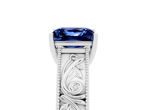 White gold Princess Cut Blue Sapphire Solitaire Ring with Engraved Band and Four-Prong Setting_5