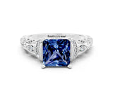 White gold Princess Cut Blue Sapphire Solitaire Ring with Filigree Band and Four-Prong Setting_24