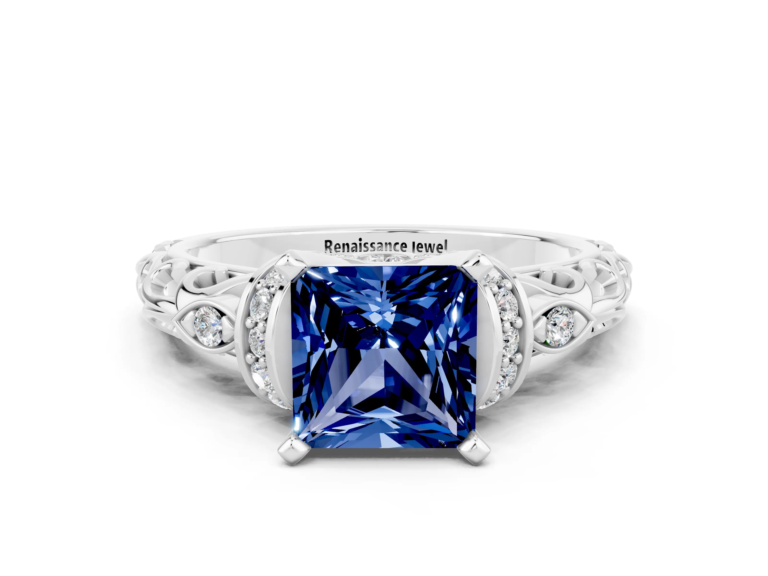White gold Princess Cut Blue Sapphire Solitaire Ring with Filigree Band and Four-Prong Setting_24