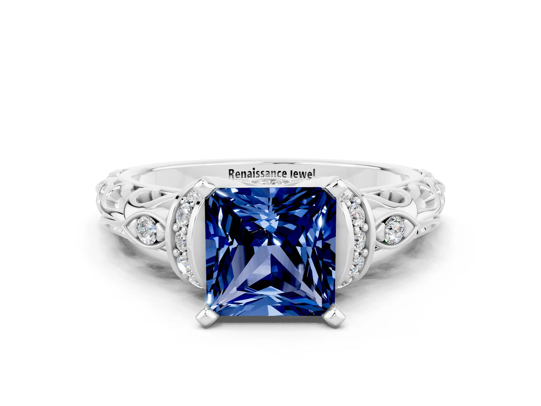White gold Princess Cut Blue Sapphire Solitaire Ring with Filigree Band and Four-Prong Setting_24