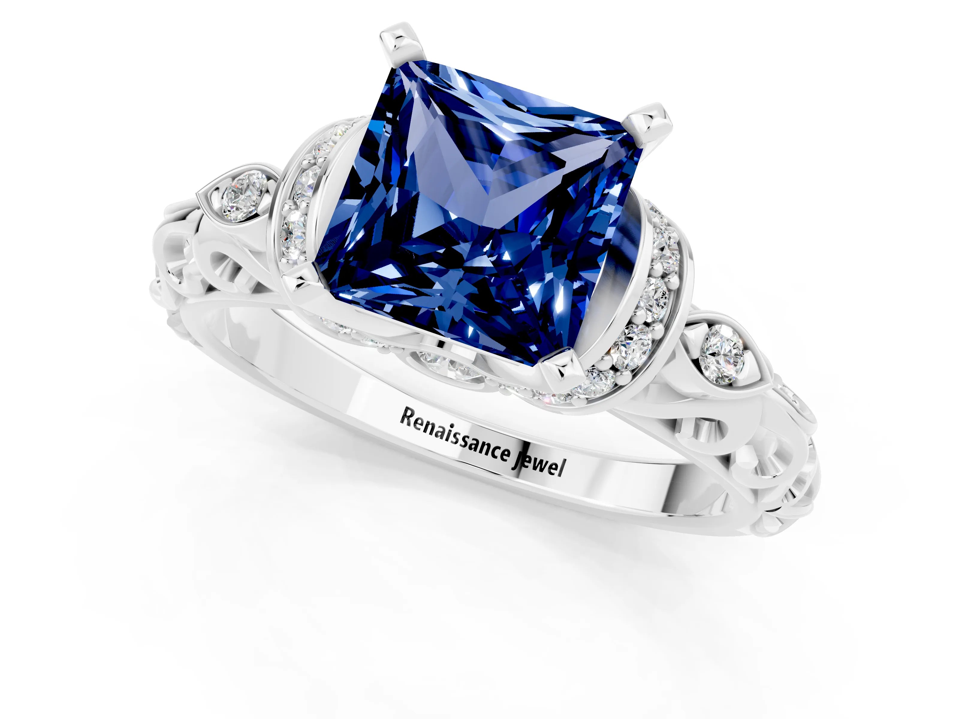 White gold Princess Cut Blue Sapphire Solitaire Ring with Filigree Band and Four-Prong Setting_25