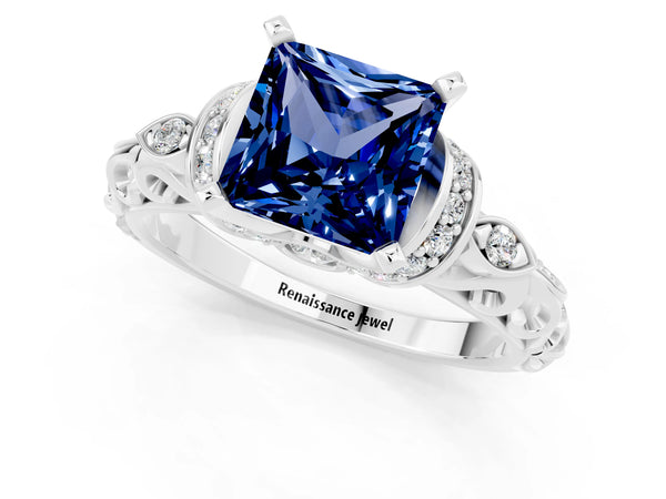 Silver Princess Cut Blue Sapphire Solitaire Ring with Filigree Band and Four-Prong Setting