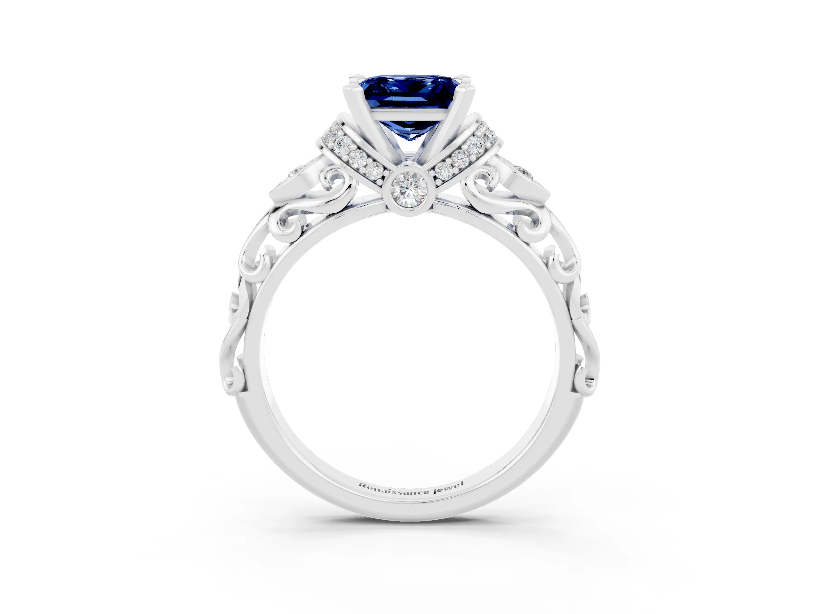 White gold Princess Cut Blue Sapphire Solitaire Ring with Filigree Band and Four-Prong Setting_27