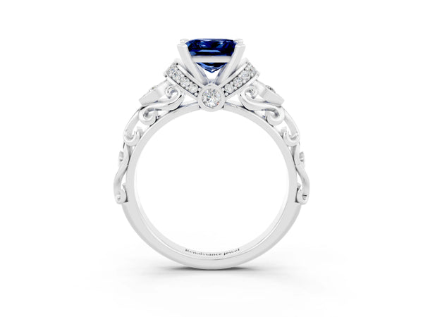 White gold Princess Cut Blue Sapphire Solitaire Ring with Filigree Band and Four-Prong Setting
