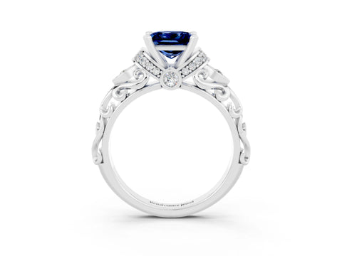 White gold Princess Cut Blue Sapphire Solitaire Ring with Filigree Band and Four-Prong Setting_27
