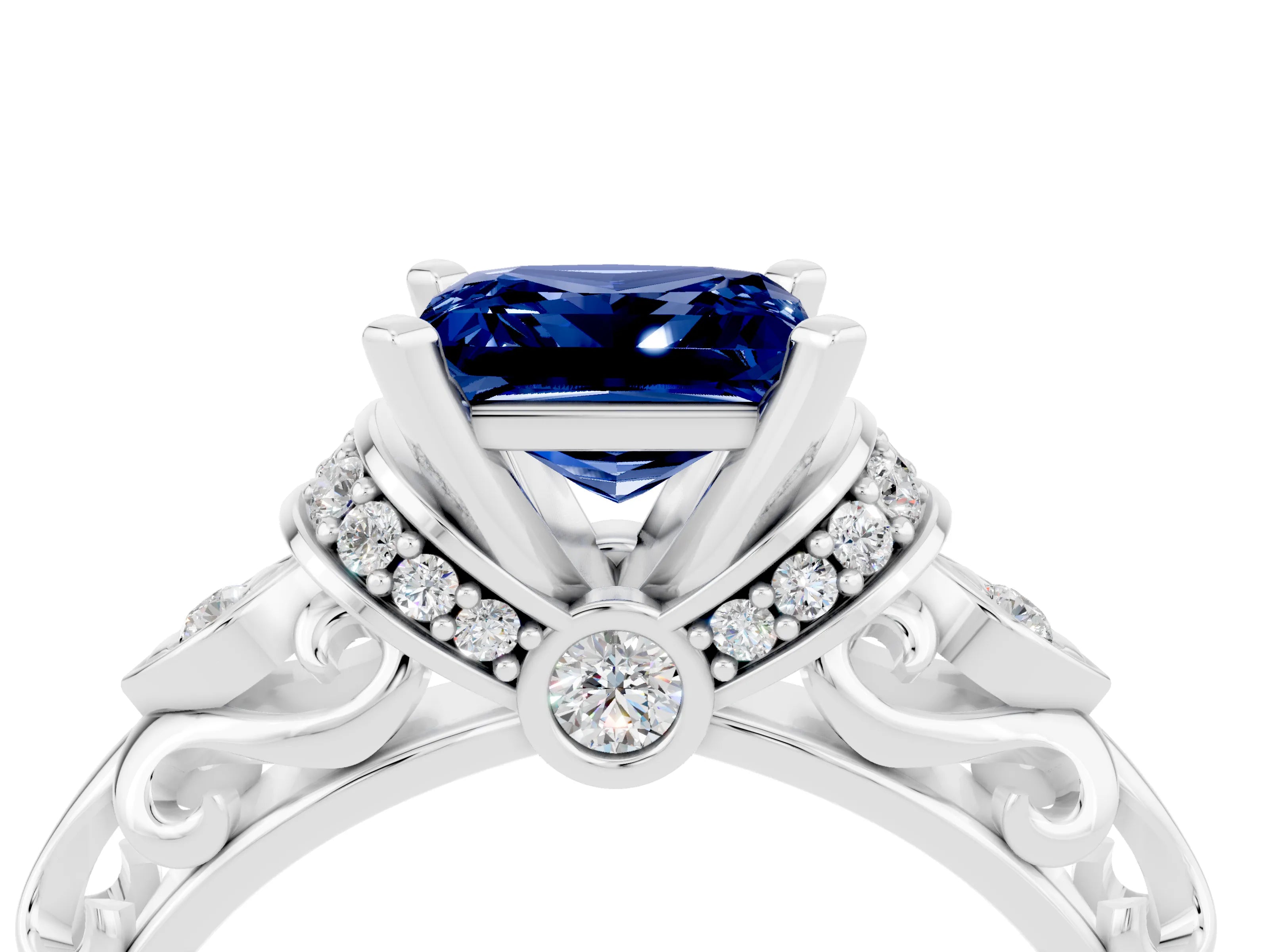 White gold Princess Cut Blue Sapphire Solitaire Ring with Filigree Band and Four-Prong Setting_28
