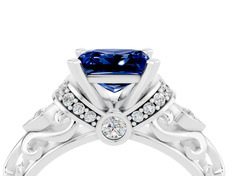 White gold Princess Cut Blue Sapphire Solitaire Ring with Filigree Band and Four-Prong Setting_28