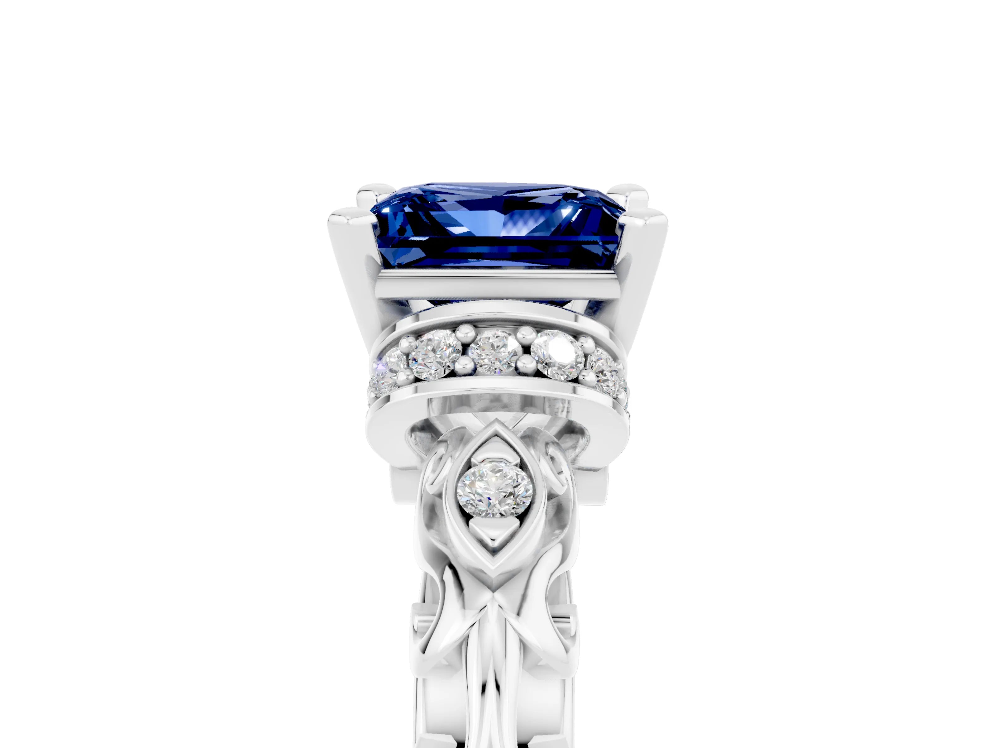 White gold Princess Cut Blue Sapphire Solitaire Ring with Filigree Band and Four-Prong Setting_29