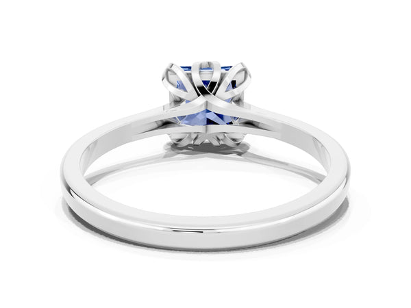 Silver Princess Cut Blue Sapphire Solitaire Ring with Flower Prong Setting and Classic Band