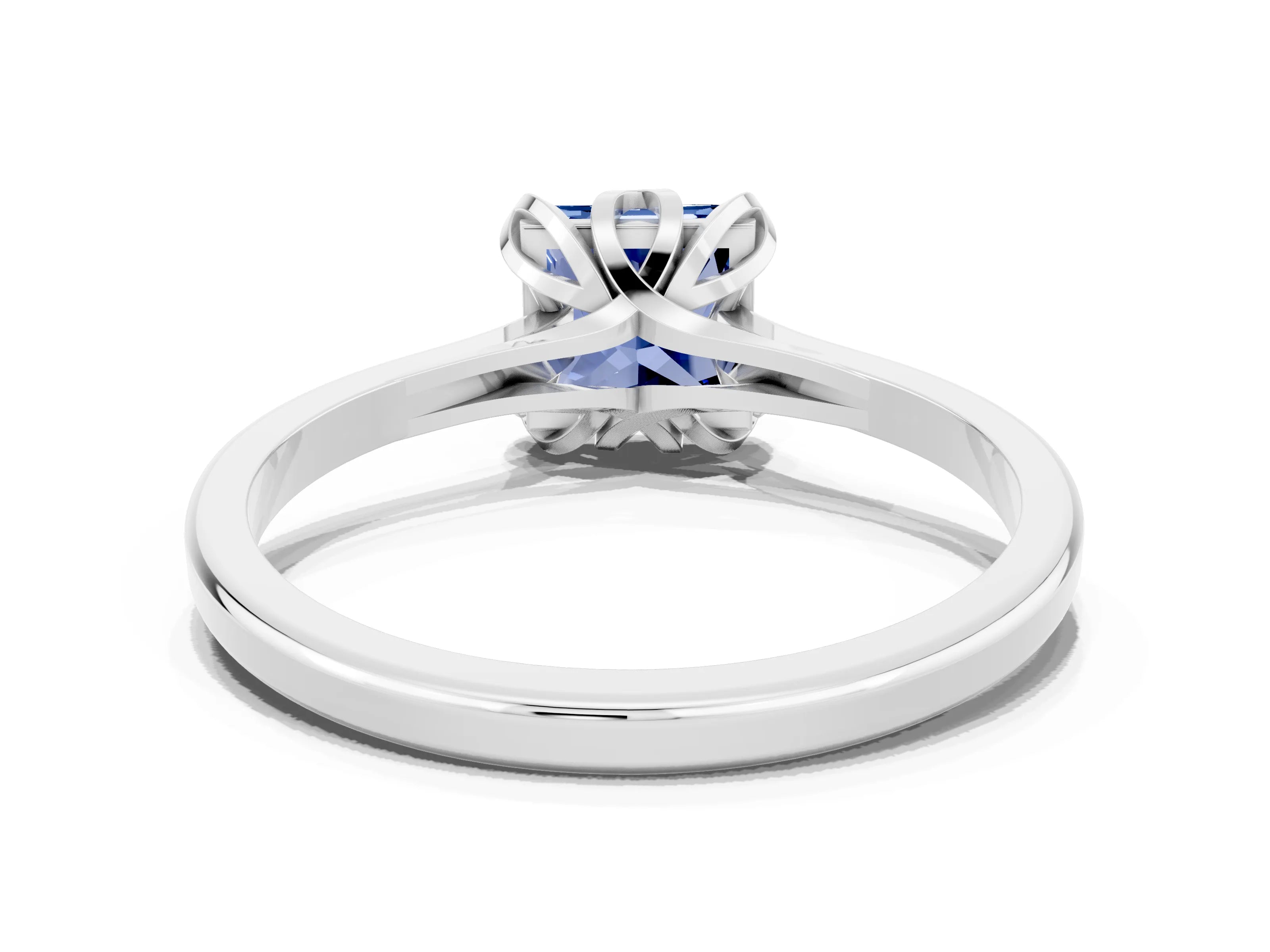White gold Princess Cut Blue Sapphire Solitaire Ring with Flower Prong Setting and Classic Band_36