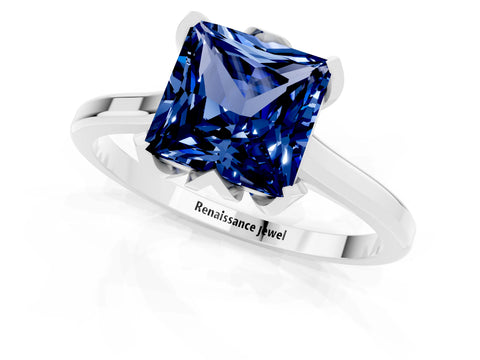 White gold Princess Cut Blue Sapphire Solitaire Ring with Flower Prong Setting and Classic Band_37