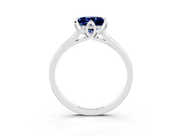 Platinum Princess Cut Blue Sapphire Solitaire Ring with Flower Prong Setting and Classic Band