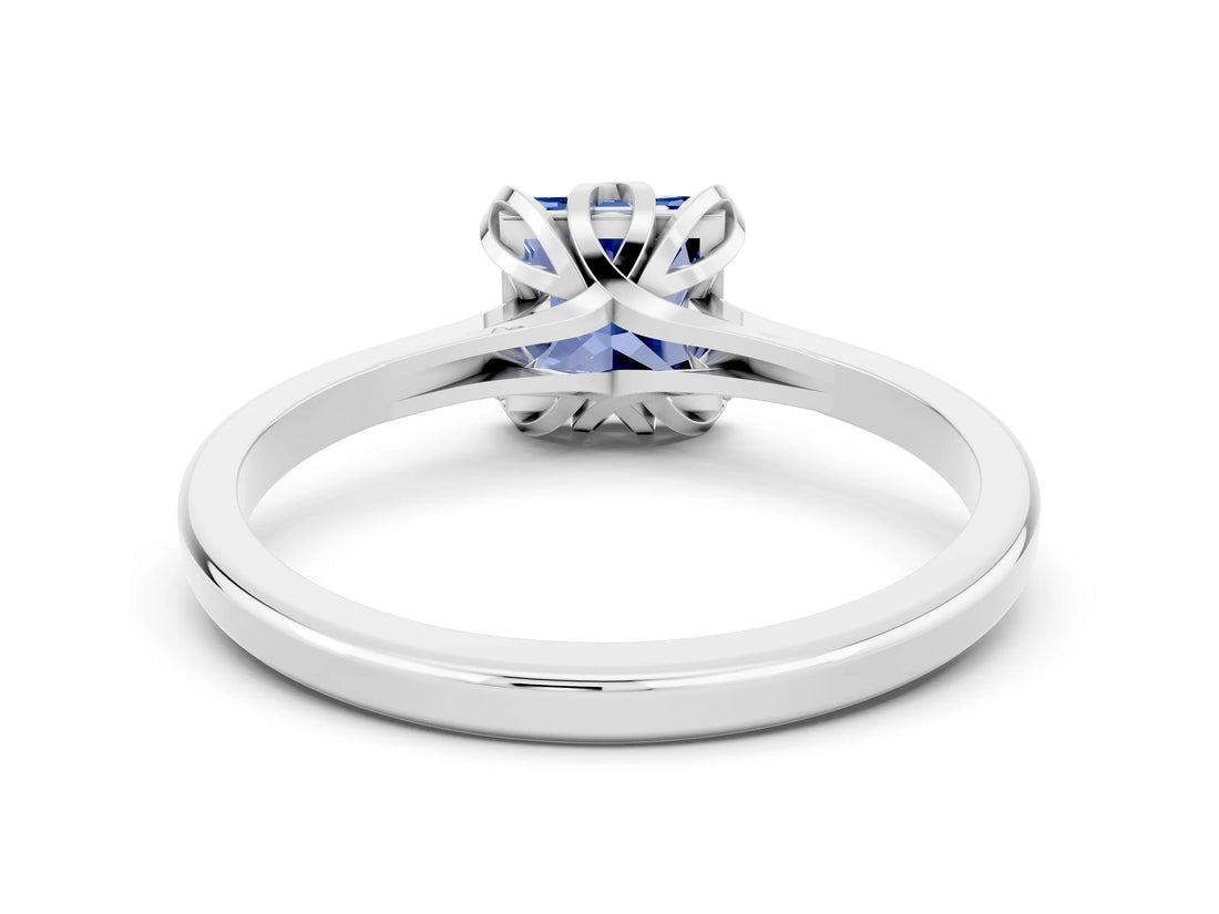 White gold Princess Cut Blue Sapphire Solitaire Ring with Flower Prong Setting and Classic Band_51