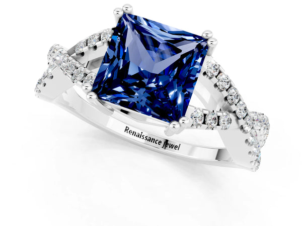 Platinum Princess Cut Blue Sapphire Solitaire Ring with Four-Prong Setting and Twisted Pavé Band