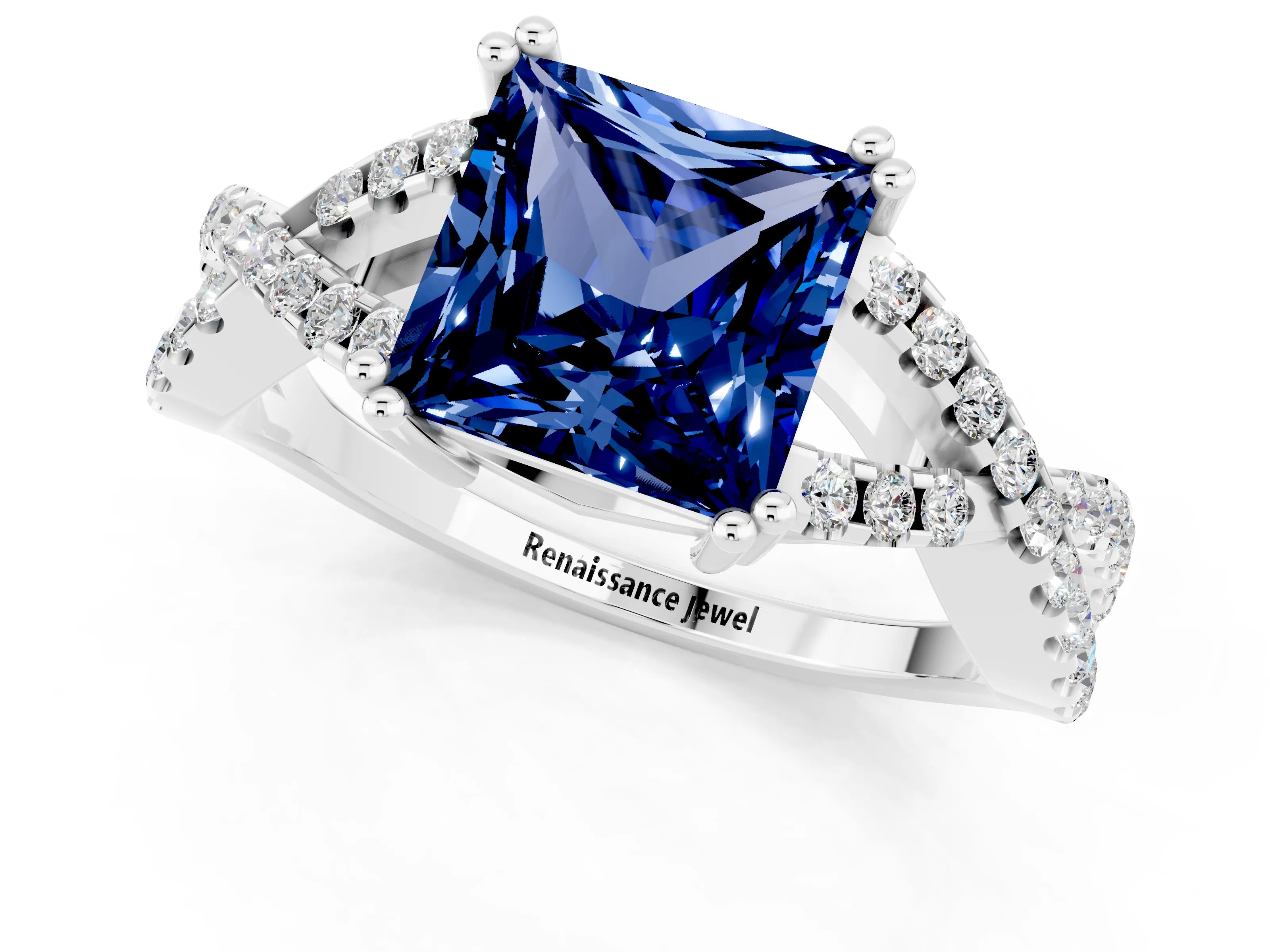 White gold Princess Cut Blue Sapphire Solitaire Ring with Four-Prong Setting and Twisted Pavé Band_1