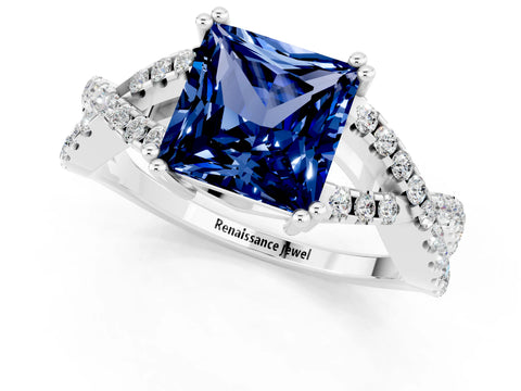 White gold Princess Cut Blue Sapphire Solitaire Ring with Four-Prong Setting and Twisted Pavé Band_1