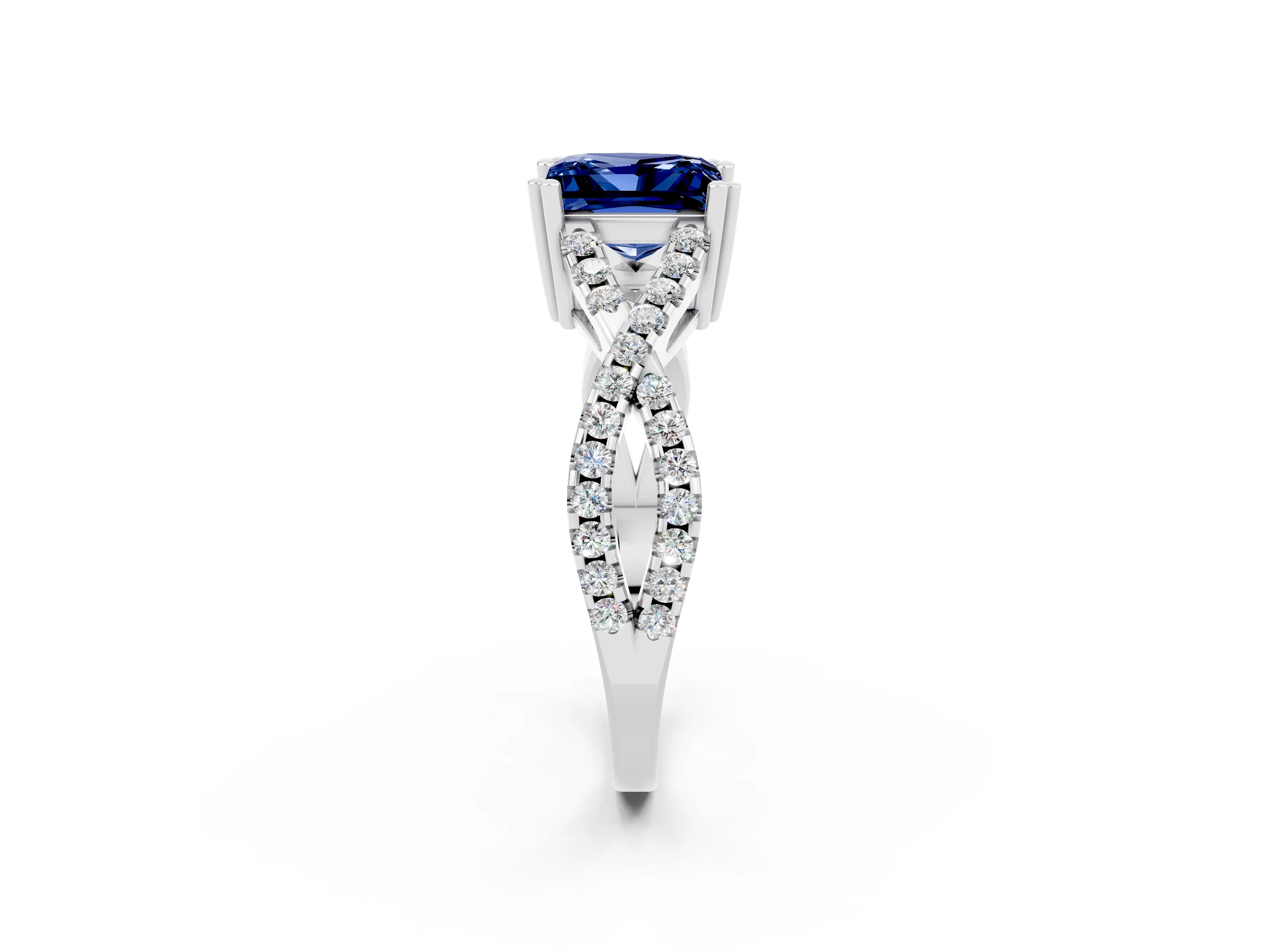 White gold Princess Cut Blue Sapphire Solitaire Ring with Four-Prong Setting and Twisted Pavé Band_2