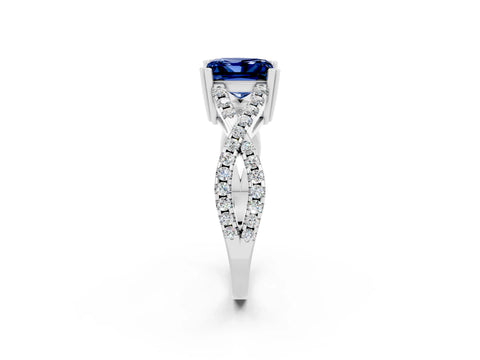 White gold Princess Cut Blue Sapphire Solitaire Ring with Four-Prong Setting and Twisted Pavé Band_2