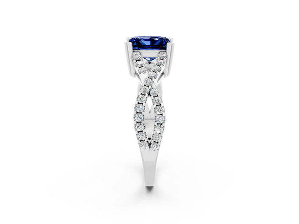 Silver Princess Cut Blue Sapphire Solitaire Ring with Four-Prong Setting and Twisted Pavé Band