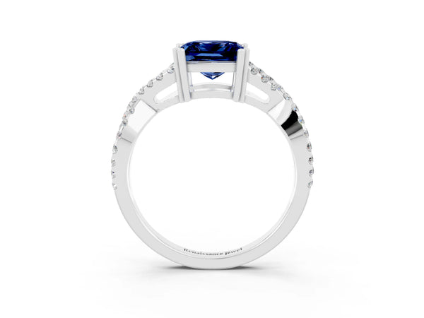 Platinum Princess Cut Blue Sapphire Solitaire Ring with Four-Prong Setting and Twisted Pavé Band