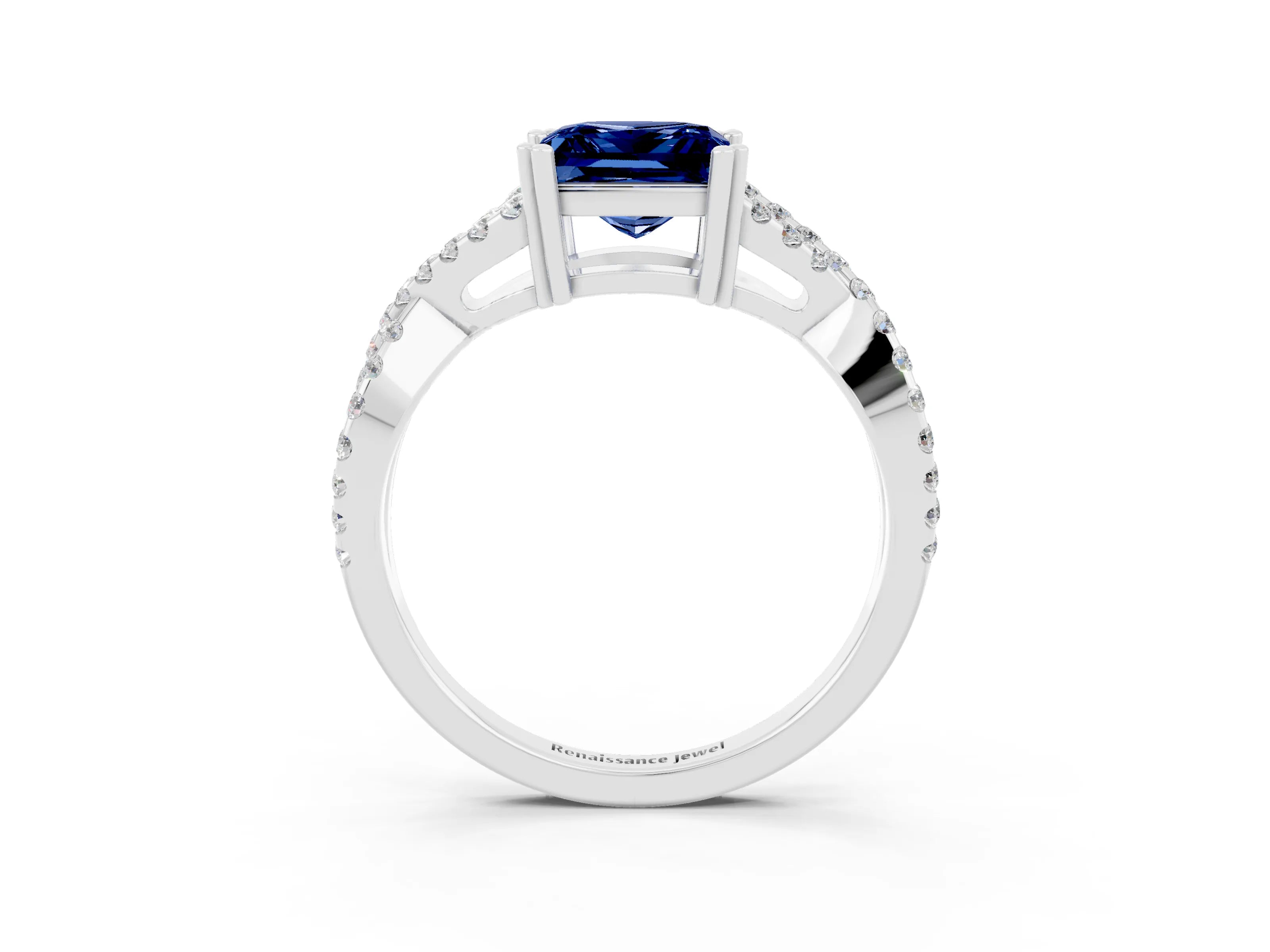 White gold Princess Cut Blue Sapphire Solitaire Ring with Four-Prong Setting and Twisted Pavé Band_3