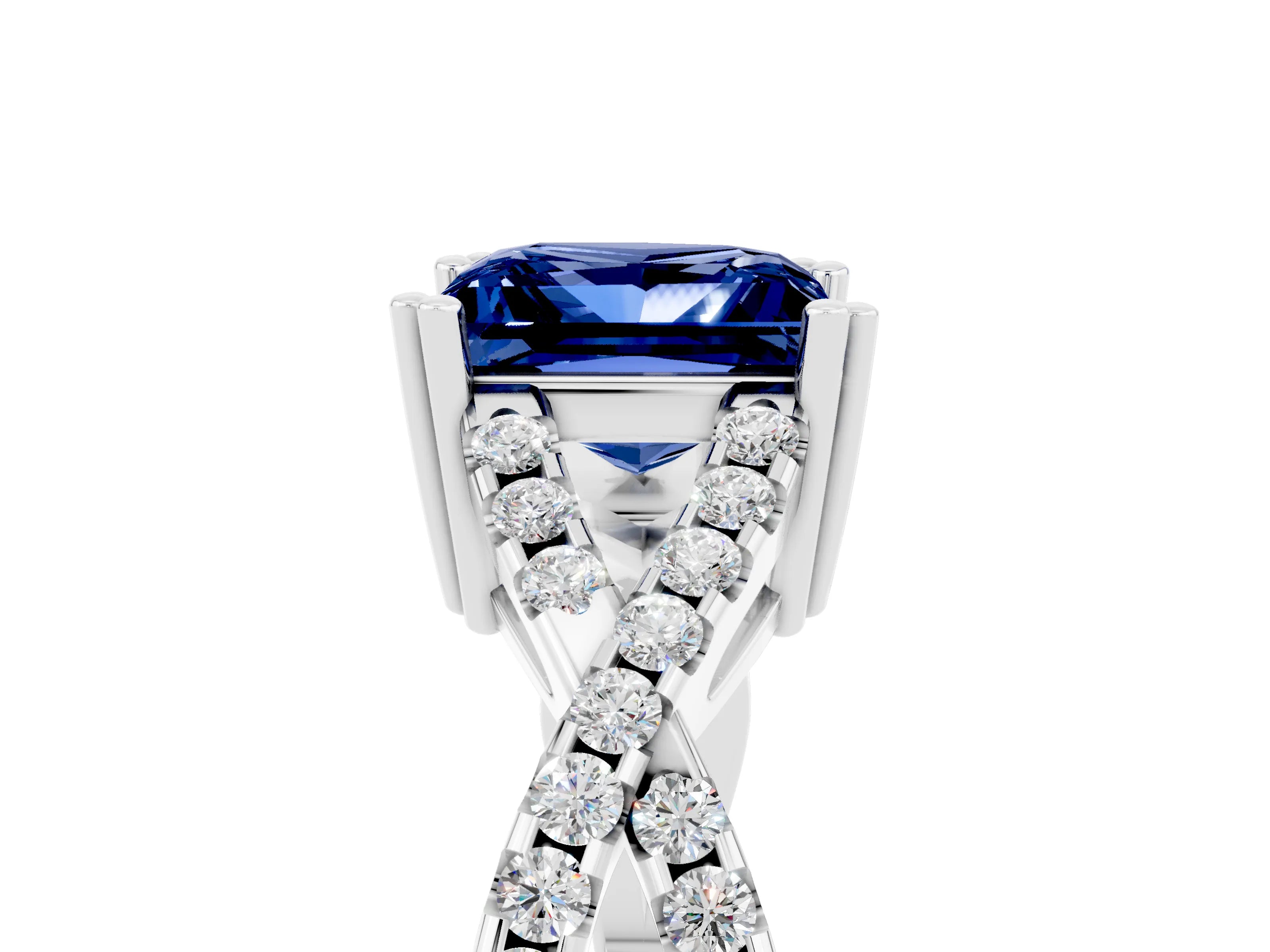 White gold Princess Cut Blue Sapphire Solitaire Ring with Four-Prong Setting and Twisted Pavé Band_5