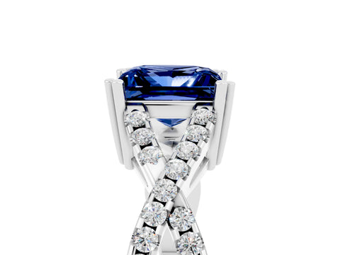 White gold Princess Cut Blue Sapphire Solitaire Ring with Four-Prong Setting and Twisted Pavé Band_5