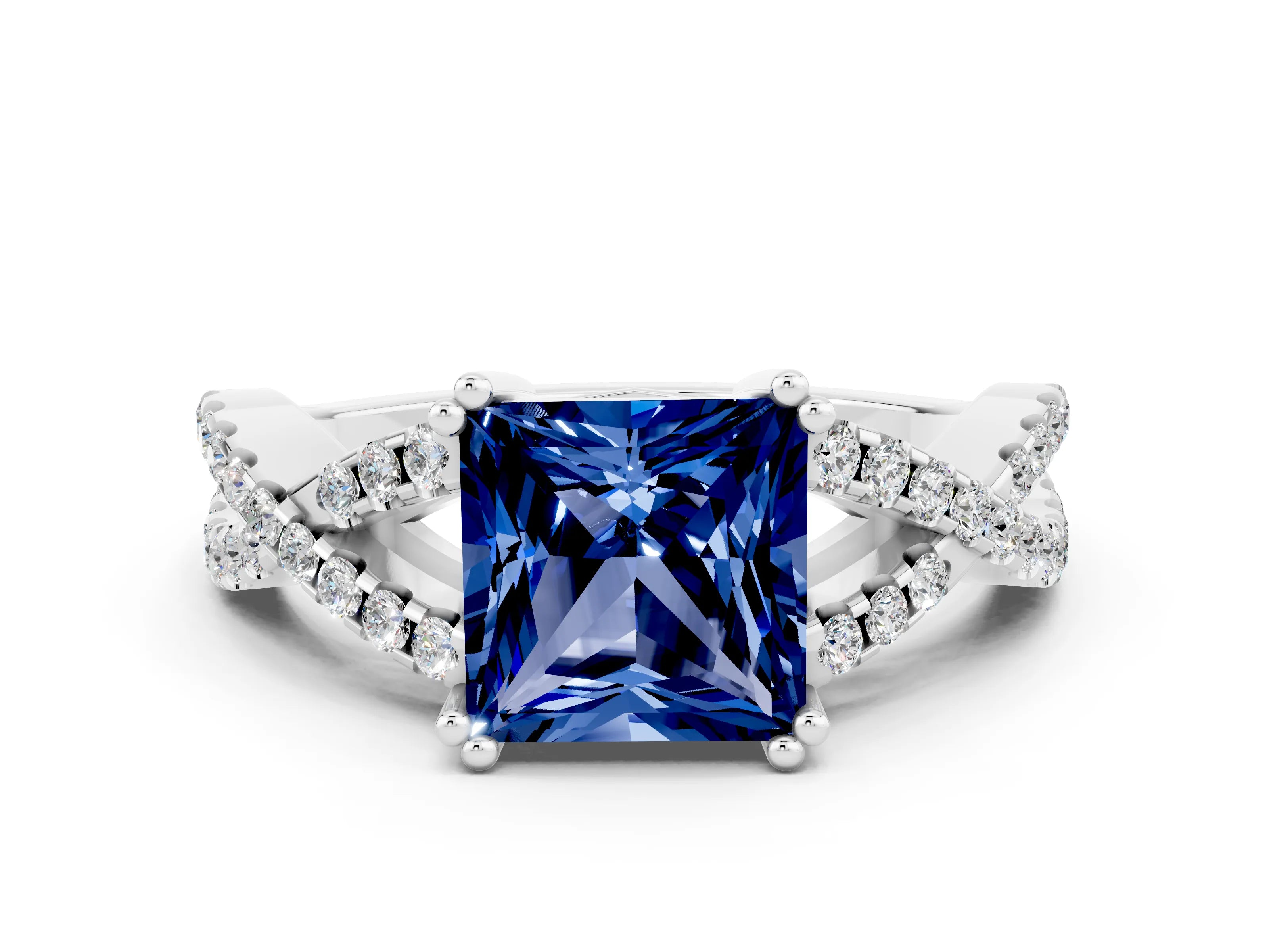 White gold Princess Cut Blue Sapphire Solitaire Ring with Four-Prong Setting and Twisted Pavé Band
