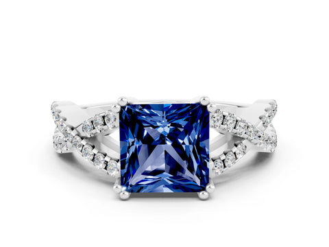 White gold Princess Cut Blue Sapphire Solitaire Ring with Four-Prong Setting and Twisted Pavé Band
