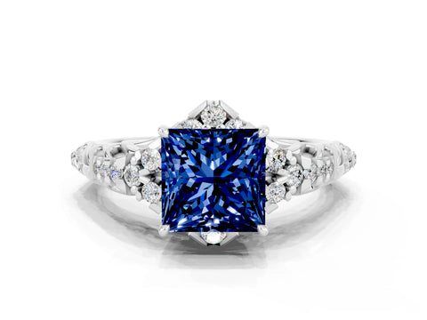 White gold Princess Cut Blue Sapphire Solitaire Ring with Hidden Halo and Pavé Band_12