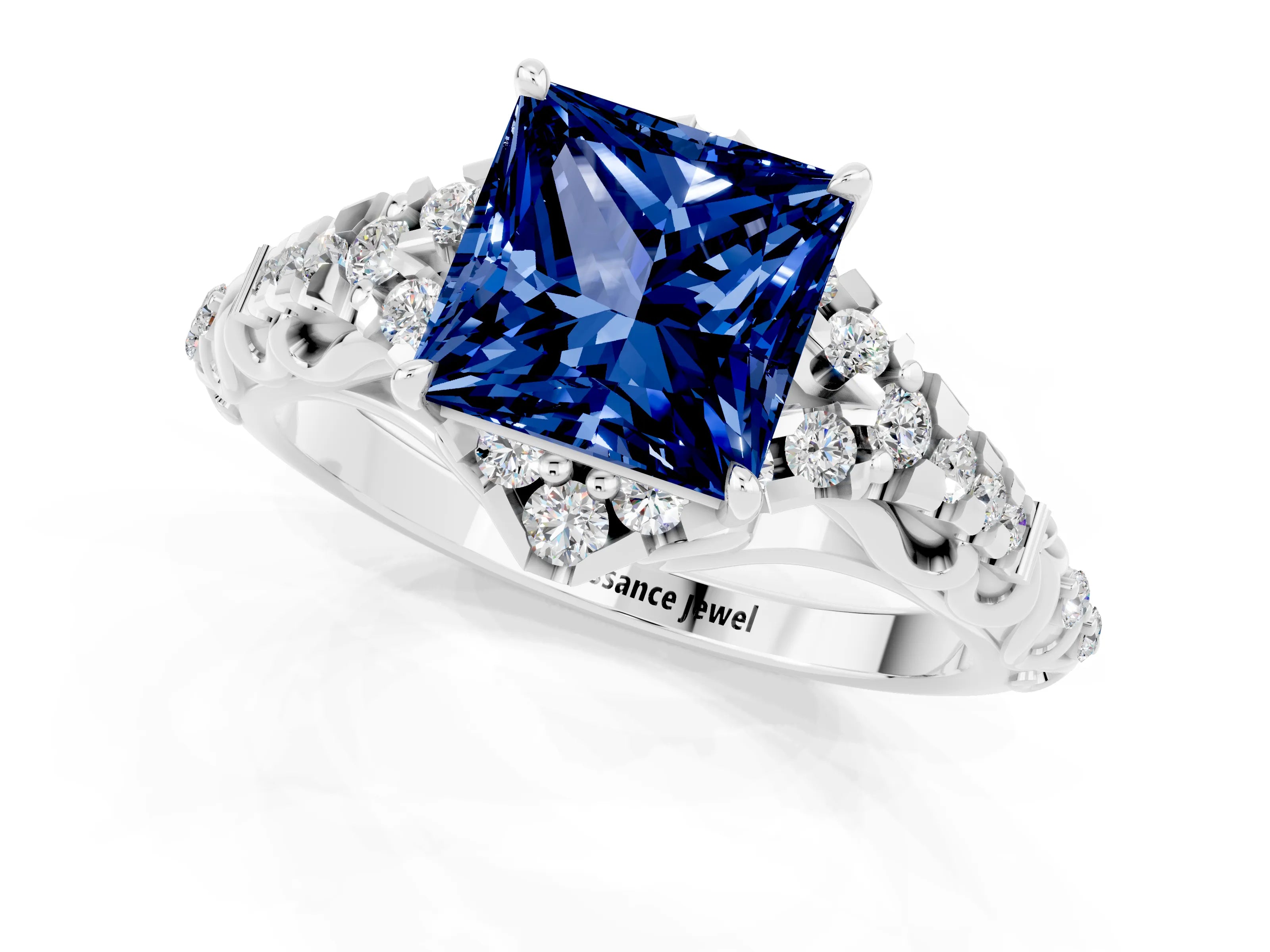White gold Princess Cut Blue Sapphire Solitaire Ring with Hidden Halo and Pavé Band_13
