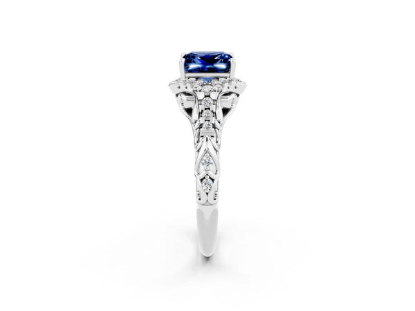 Platinum Princess Cut Blue Sapphire Solitaire Ring with Hidden Halo and Pavé Band