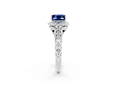 White gold Princess Cut Blue Sapphire Solitaire Ring with Hidden Halo and Pavé Band_14