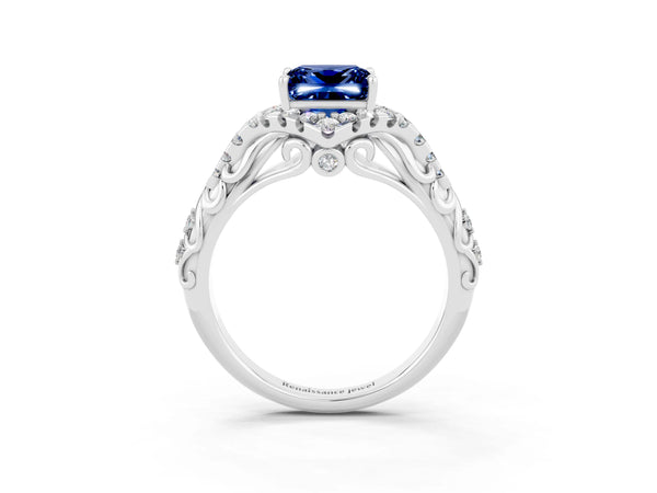 Silver Princess Cut Blue Sapphire Solitaire Ring with Hidden Halo and Pavé Band