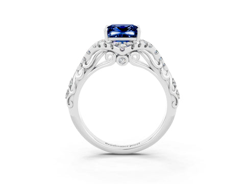 White gold Princess Cut Blue Sapphire Solitaire Ring with Hidden Halo and Pavé Band_15