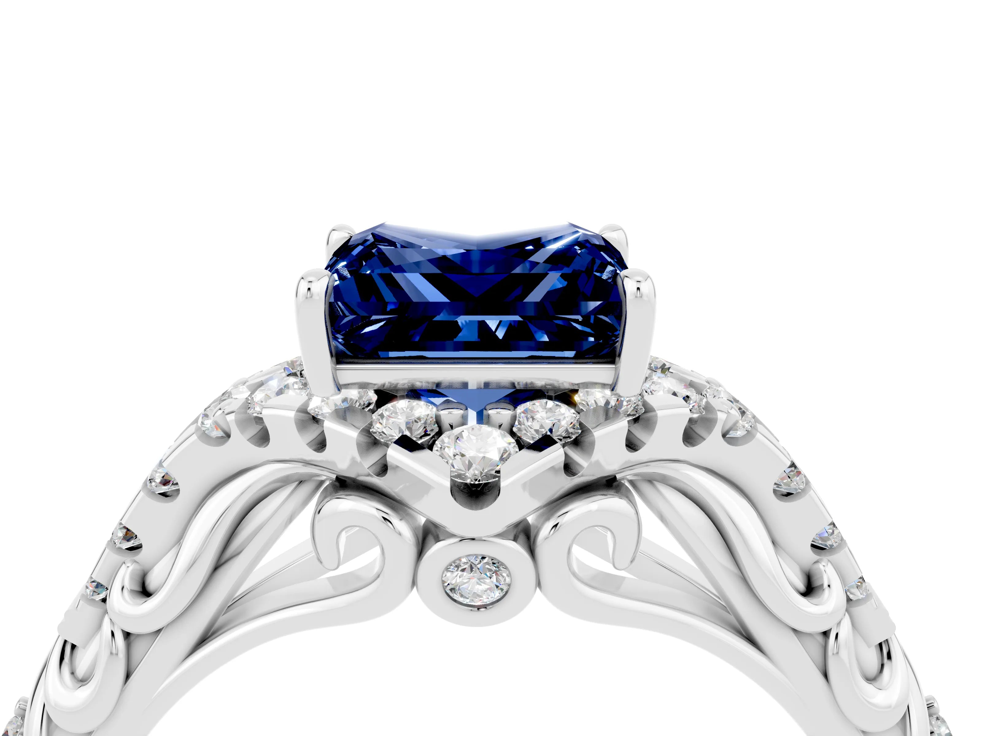White gold Princess Cut Blue Sapphire Solitaire Ring with Hidden Halo and Pavé Band_16