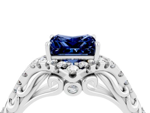 White gold Princess Cut Blue Sapphire Solitaire Ring with Hidden Halo and Pavé Band_16
