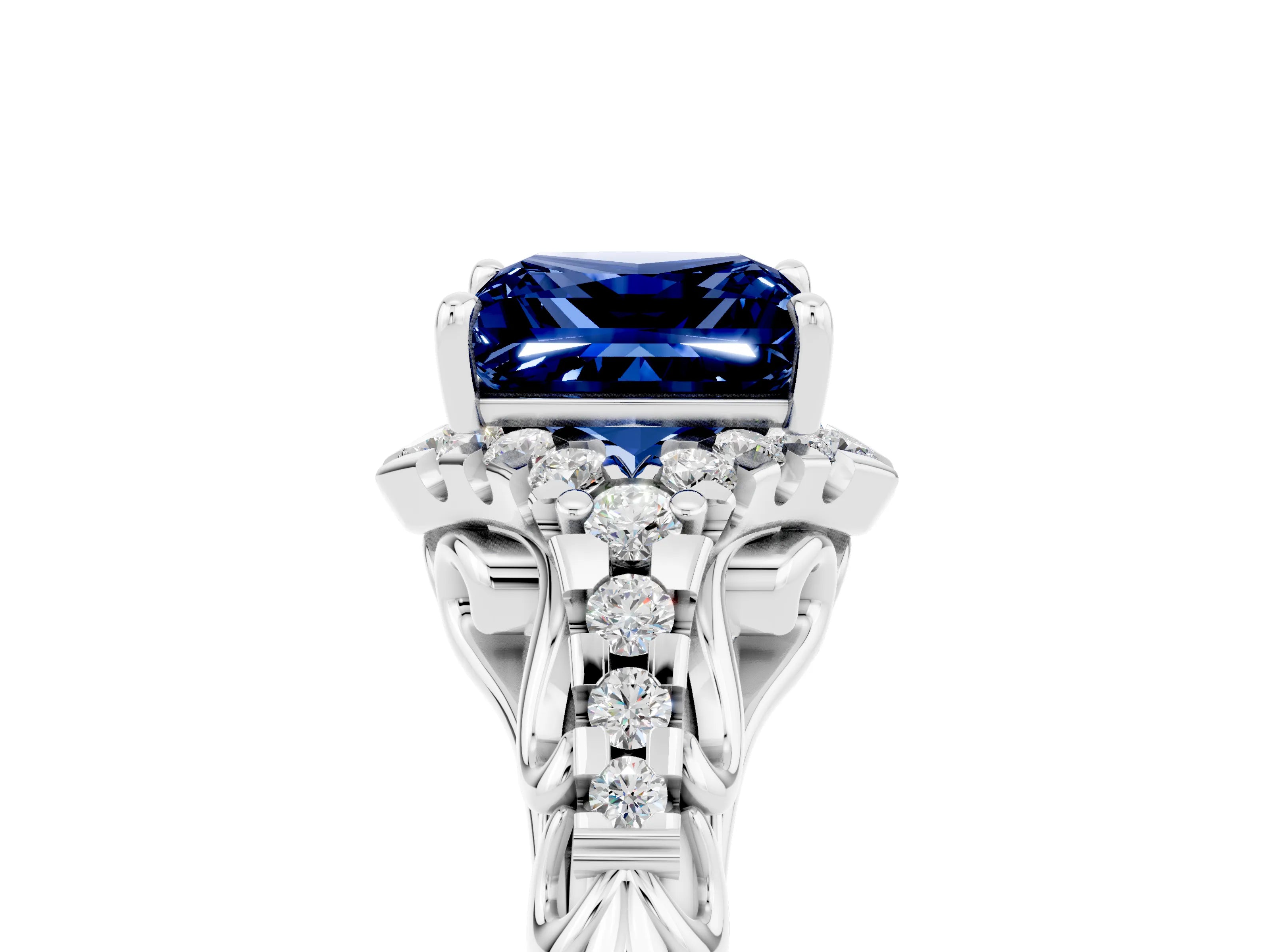 White gold Princess Cut Blue Sapphire Solitaire Ring with Hidden Halo and Pavé Band_17