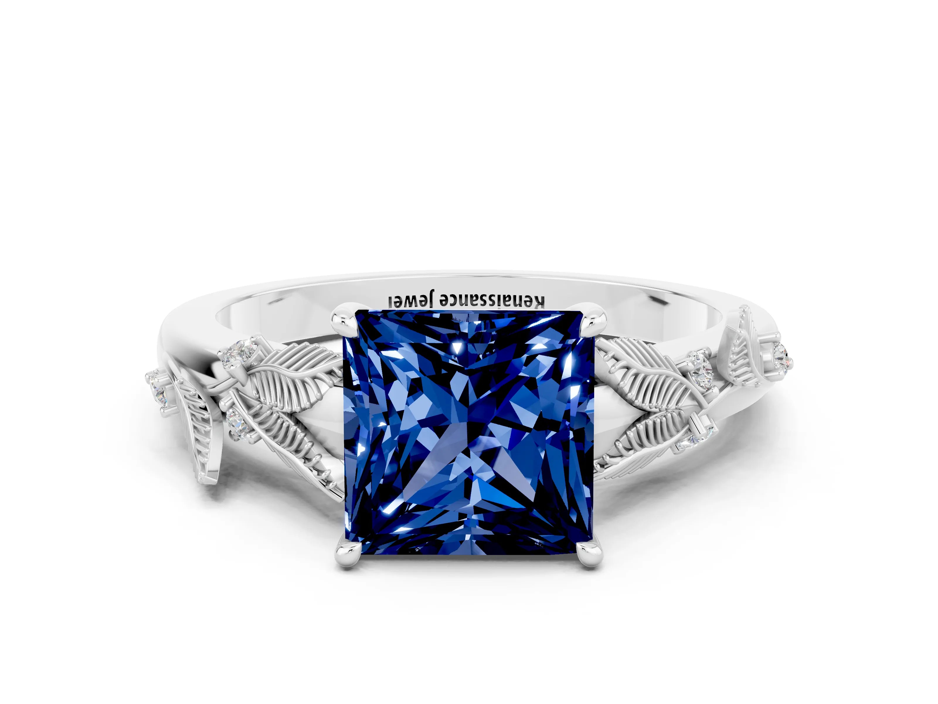 White gold Princess Cut Blue Sapphire Solitaire Ring with Leaf Motif Band and Four-Prong Setting_12