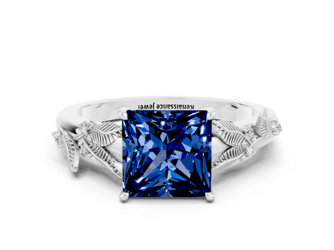 White gold Princess Cut Blue Sapphire Solitaire Ring with Leaf Motif Band and Four-Prong Setting_12