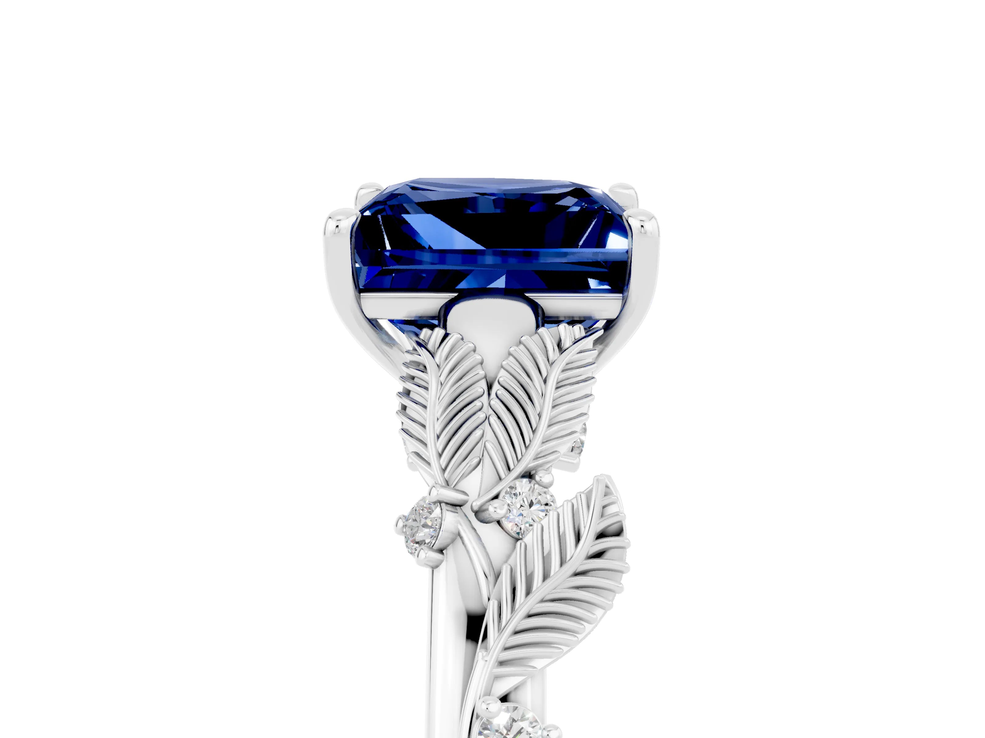White gold Princess Cut Blue Sapphire Solitaire Ring with Leaf Motif Band and Four-Prong Setting_17