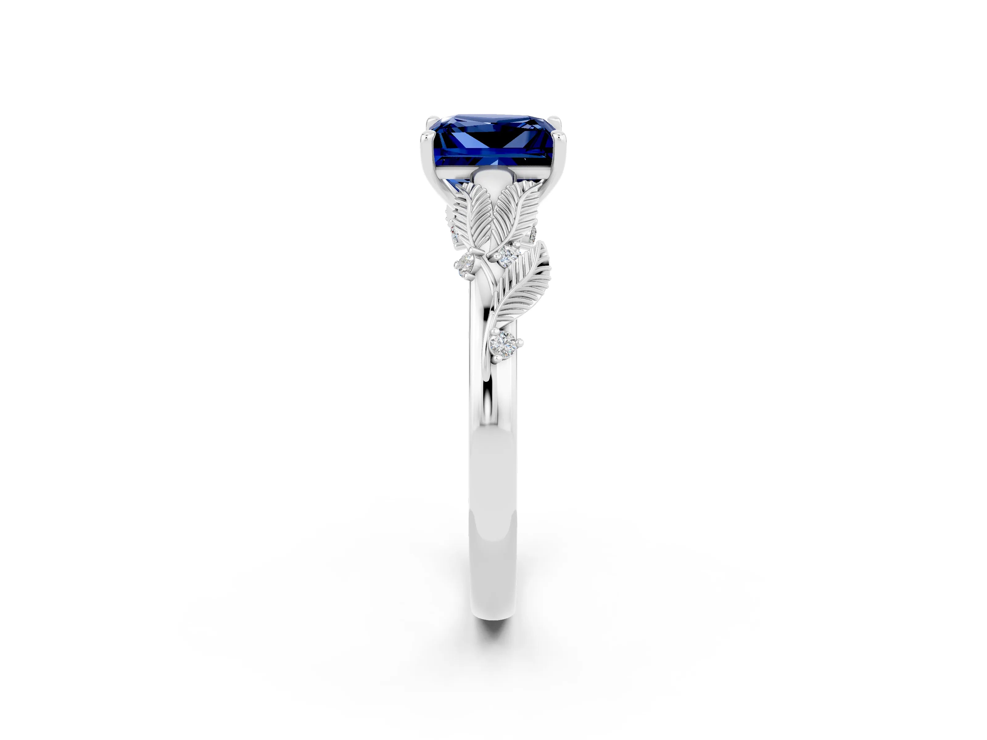 White gold Princess Cut Blue Sapphire Solitaire Ring with Leaf Motif Band and Four-Prong Setting_2