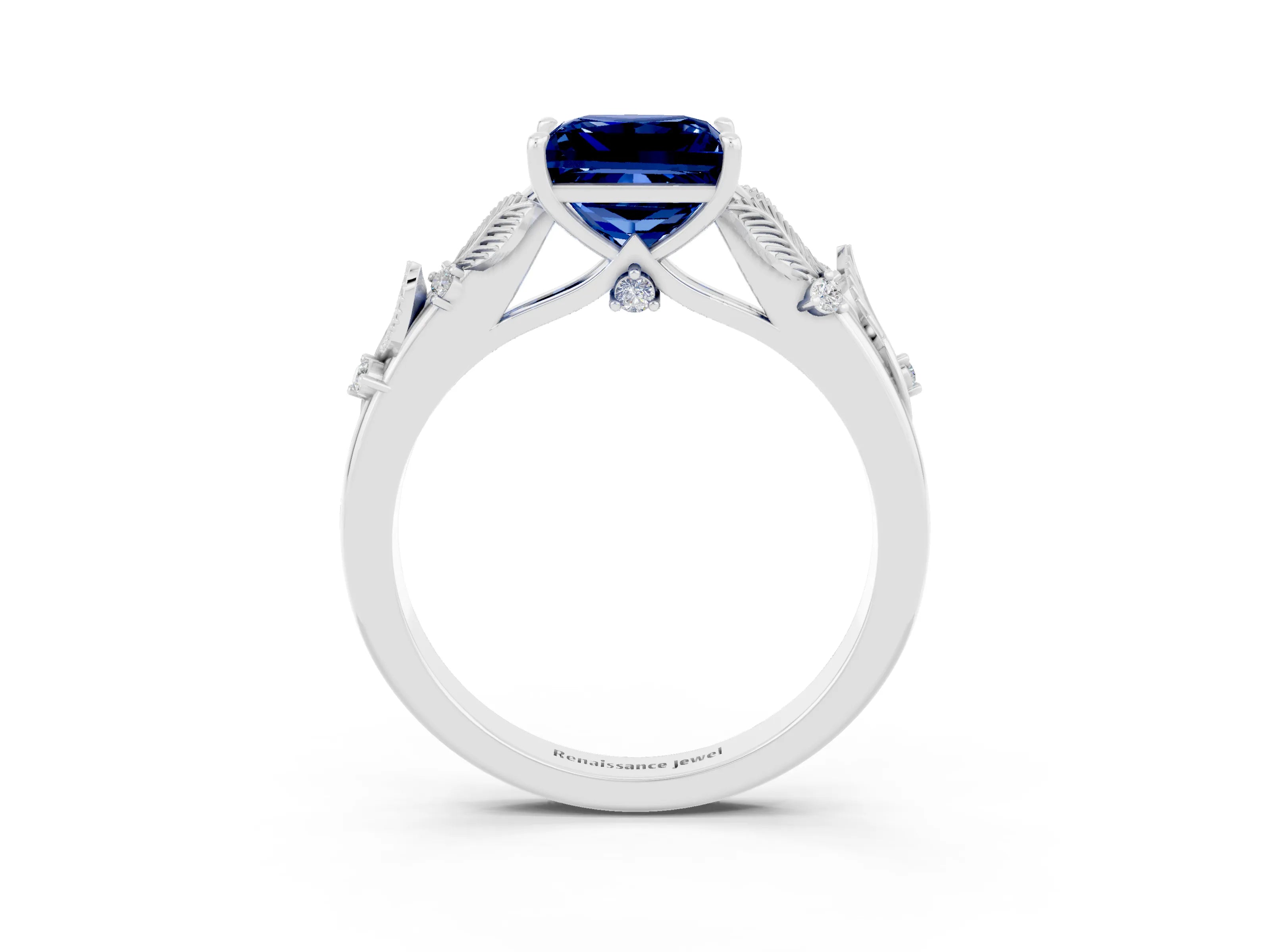 White gold Princess Cut Blue Sapphire Solitaire Ring with Leaf Motif Band and Four-Prong Setting_3