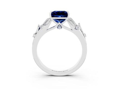 White gold Princess Cut Blue Sapphire Solitaire Ring with Leaf Motif Band and Four-Prong Setting_3